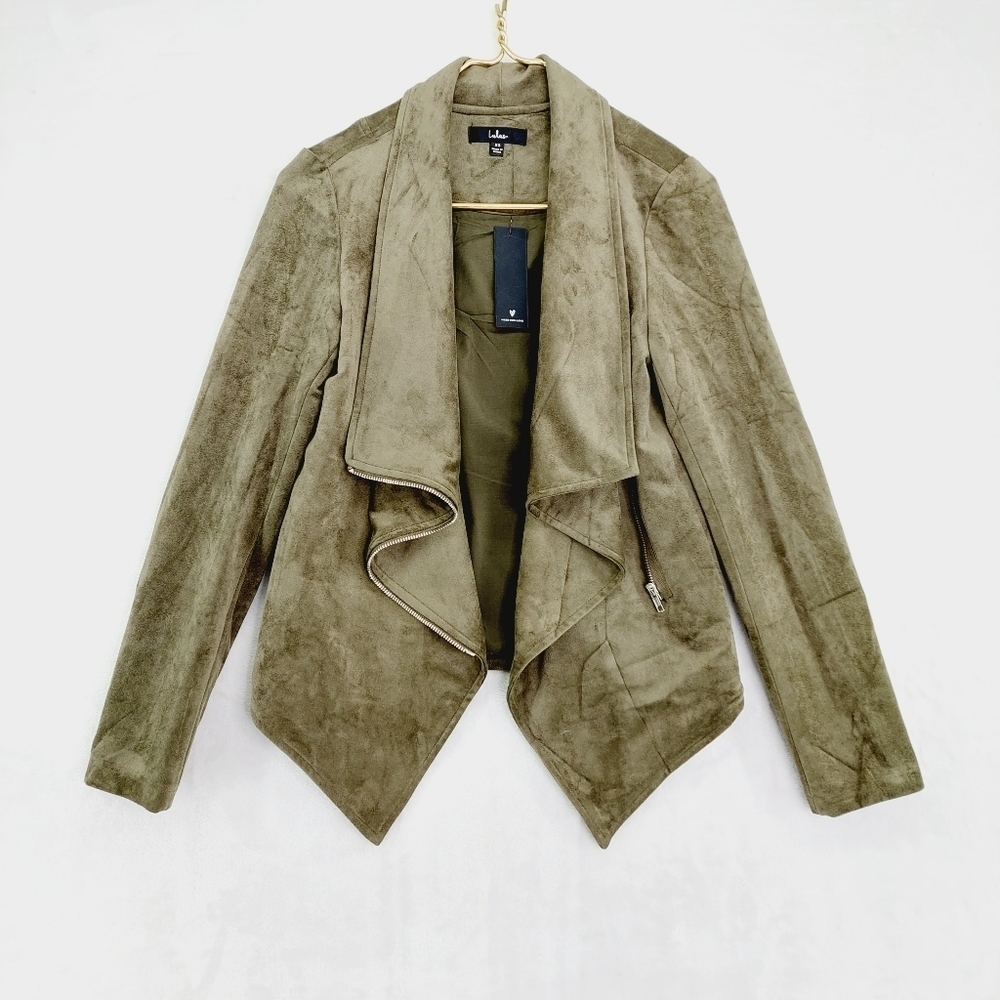 NEW Lulu's Taupe Tan Faux Suede Leather Asymmetrical Zip Up Moto Jacket P4752